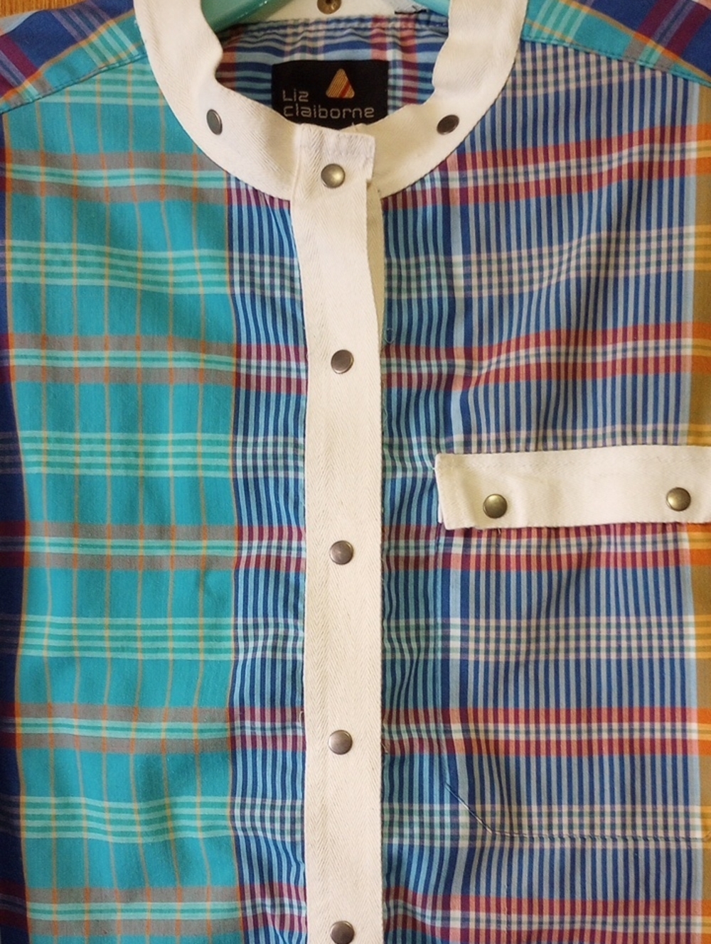 Liz Claiborne Colorful Plaid Vintage Top. Blue Aqua Gold Orange White, Medium/Lg